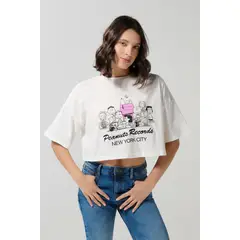 KOAJ - Camiseta crop top crema clara de Snoopy oversize Mujer