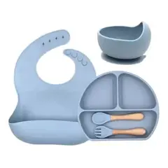 GENERICO - Vajillas para bebe BPA FREE silicona azul cuchara tenedor