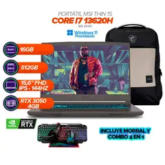 MSI - Thin 15 B13UC / Core i7-13620H / 16GB RAM / SSD 512GB / RTX 3050 / 15.6 FHD 144Hz + Combo 4 en 1