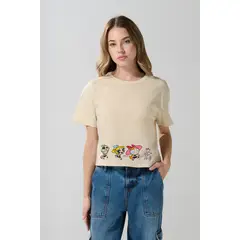KOAJ - Camiseta kaki crop top con arte de Chicas Superpoderosa Mujer