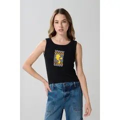 KOAJ - Camiseta manga sisa negra con arte de Looney Tunes Mujer
