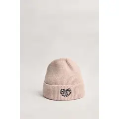KOAJ - Gorro tejido rosado claro con doblez sencillo y bordado Mujer