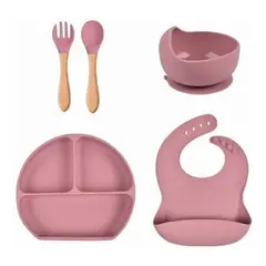 GENERICO - Vajillas para bebe BPA FREE silicona rosa cuchara tenedor