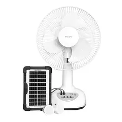 TEZZIO - Ventilador de Mesa Recargable 12” con Panel Solar, Bombillos LED y Puerto USB – 35W