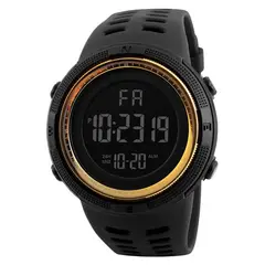 DIGITAL - RELOJ NEGRO DORADO REDONDO DEPORTIVO PARA HOMBRE + CAJA