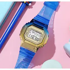DIGITAL - RELOJ AZUL TORNASOL CUADRADO DEPORTIVO PARA MUJER + CAJA