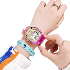 DIGITAL - RELOJ ROSADO TORNASOL CUADRADO DEPORTIVO PARA MUJER + CAJA