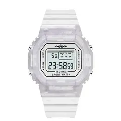 DIGITAL - RELOJ BLANCO ESCARCHA CUADRADO DEPORTIVO PARA MUJER + CAJA