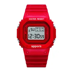 DIGITAL - RELOJ ROJO CUADRADO DEPORTIVO PARA MUJER + CAJA