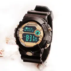 GENERICO - RELOJ NEGRO DORADO REDONDO DIGITAL DEPORTIVO PARA MUJER + CAJA
