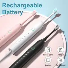 SUN PRO - Cepillo de dientes eléctrico sónico temporizador 8 cabezales negro y rosa