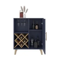 RTA DESIGN - Bar Cave Love Azul y Kronos Fresno con Espacio Para Botellas y Porta Copas