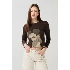 KOAJ - Camiseta manga larga café oscura con diseño de Mickey Mujer