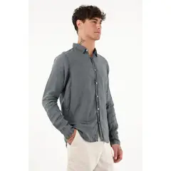 TENNIS - Camisa azul de 100% lino para hombre