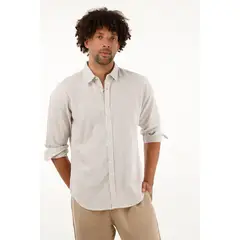 TENNIS - Camisa café a rayas manga larga para hombre