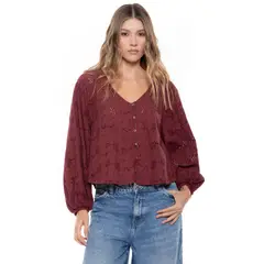 COLOR BLUE - Camisa Manga Larga En Ojalillo