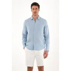 TENNIS - Camisa en 100% lino de manga larga azul para hombre