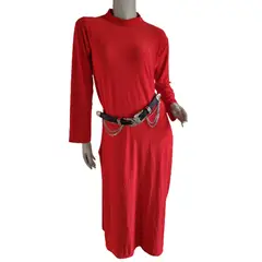 VIA7 - Vestido largo suelto manga larga cuello alto bolsillos