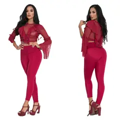 VIA7 - Conjunto de blusa transparente manga larga y leggins pegado
