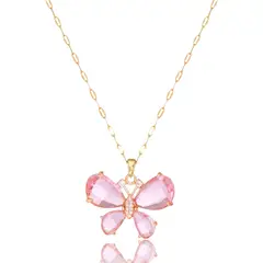 GENERICO - Collar Cadena Con Dije Mariposa Piedra Rosa Con Circon En Acero Inox