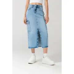 KOAJ - Falda larga en jean cargo azul con abertura y tiro alto