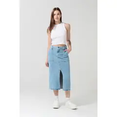 KOAJ - Falda tiro alto en jean azul larga con abertura en fren Mujer