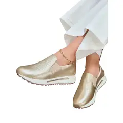 EVEGONZ - Zapato Casual Dorado Cómodo de Mujer En Cuero