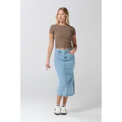 KOAJ - Falda azul en jean larga tiro alto con abertura lateral