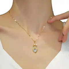 STAINLESS STEEL - Collar Cadena Con Dije Corazon Corona Blanco Con Circon En Acero