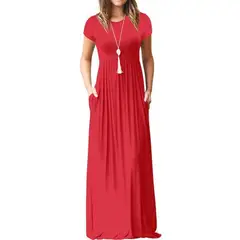 VIA7 - Vestido largo manga corta de bolsillos para mujer nuevo rojo