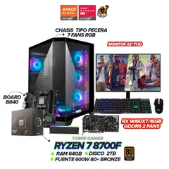 AMD - TORRE GAMER RYZEN 7 8700F / RX 9060XT 16GB / 64GB / 2TB / B840 /7 FANS / 22" FHD