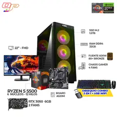 AMD - COMPUTADOR GAMER RYZEN 5 5500+ RTX 3050- RAM 32GB - 1.5TB + MONITOR 22" FHD