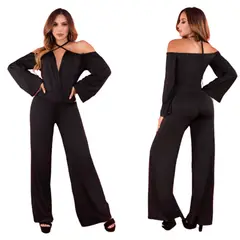 VIA7 - Enterizo bota recta manga larga escote busto v y tiras amarrar cuello