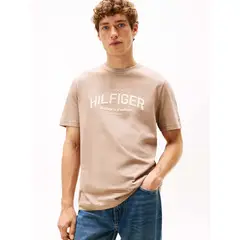 TOMMY HILFIGER - Camiseta beige de cuello redondo con logo gráfico