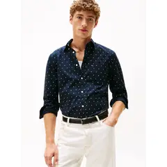TOMMY HILFIGER - Camisa azul oscuro de corte regular con popelina y estampado pequeño de puntos