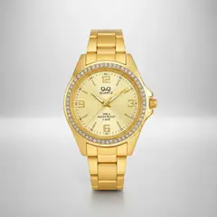 Q&Q - Reloj Dorado Con Numeros Piedras Acero Inoxidable Original + Caja
