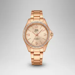 Q&Q - Reloj Oro Rosa Con Numeros Piedras Acero Inoxidable Original Caja