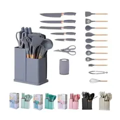 OEM - Set De Utensilios De Cocina Silicona Y Cuchillos Tabla 19pcs gris
