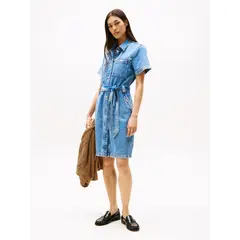 TOMMY HILFIGER - Vestido azul denim corto con cinturón anudable