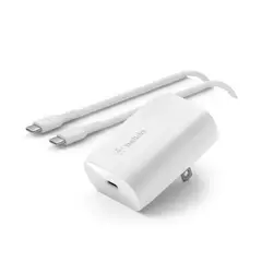 BELKIN - Cargador 30W USB-C con Cable USBC a C Blanco Carga Rápida Compatible con iPhone y Android