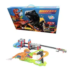GENERICO - Pista Dinosaurio T-rex Hot Doble Lavado + 10 Carros