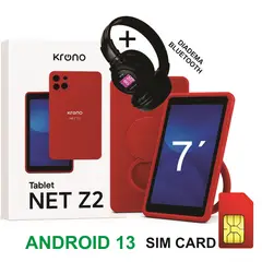 KRONO - Tablet 7 Pulgadas Sim Card 32GB Android 13 + DIADEMA Bluetooth ROJO