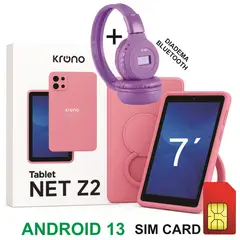 KRONO - Tablet 7 Pulgadas Sim Card 32GB Android 13 + DIADEMA Bluetooth ROSADO
