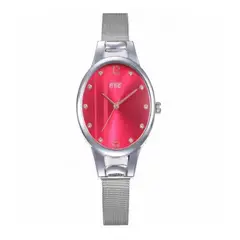 100 - Reloj plateado con tablero fucsia de doble linea
