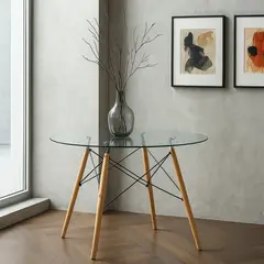 GENERICO - Mesa Comedor Redonda Vidrio Templado 90cm Patas Madera