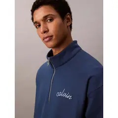 CALVIN KLEIN - Saco azul con cremallera 1/4 y logo punto cadeneta