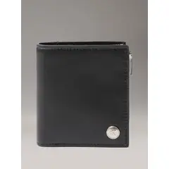 CALVIN KLEIN - Billetera negra de cuero con monograma circular