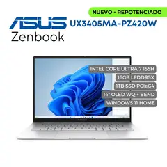 ASUS - Portatil Zenbook UX3405M Intel Core Ultra 7 155H, 16GB LPDDR5X, 1TB PCIEG4, 14" Oled