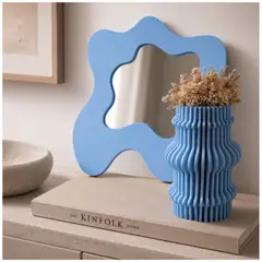 TIZZY DISEÑO - Kit Espejo + Florero Decorativo en MDF Pintado Estilo Moderno Color Azul Pastel