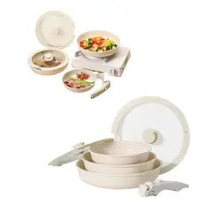 HOME - Set Ollas Donor 5 Piezas Cerámica Granito Marmol Antiadherente Beige